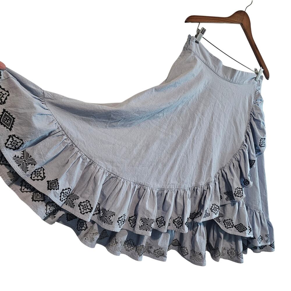 Vintage Y2K Denim Ruffle Skirt Women Large Blue Tiered Cottage Western Full Boho